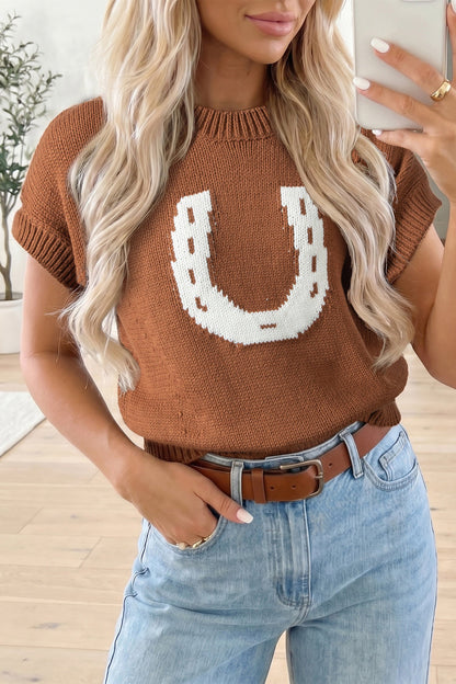 Chestnut Western Horseshoe Pattern Short Sleeve Knit Sweater