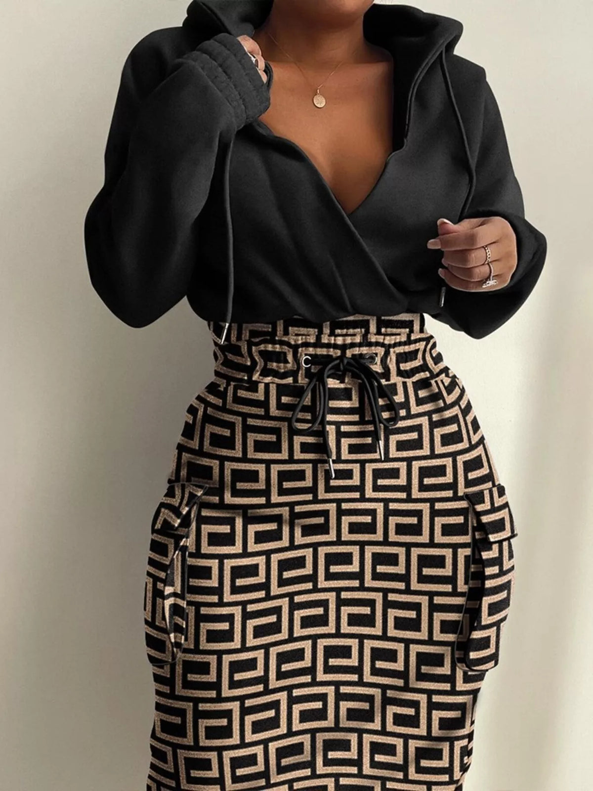 Full Size Drawstring Waist Surplice Printed Dress Plus Size
