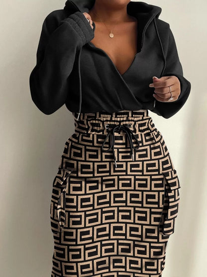 Full Size Drawstring Waist Surplice Printed Dress Plus Size