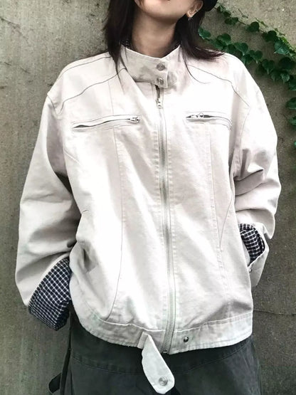 Contrast Plaid Cuffs Zip Up Jacket