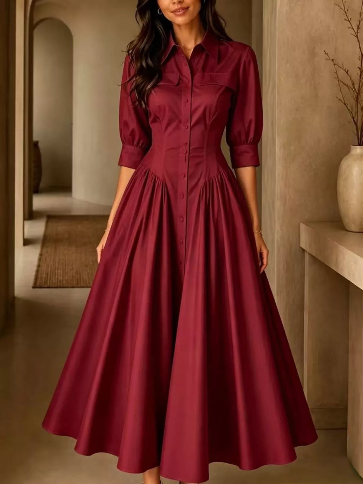 Full Size Elegant Button-Down Shirt Dress with Cinched Waist Plus Size