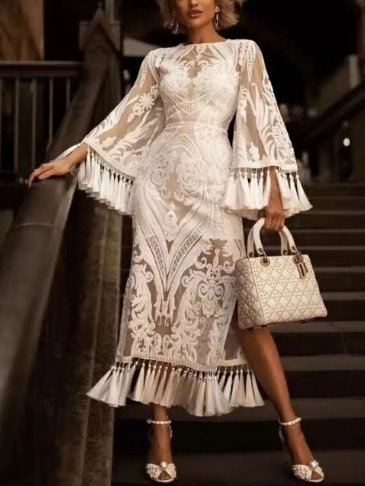 Monica;s Plus Size Tassel Hem Lace Flare Sleeve Dress