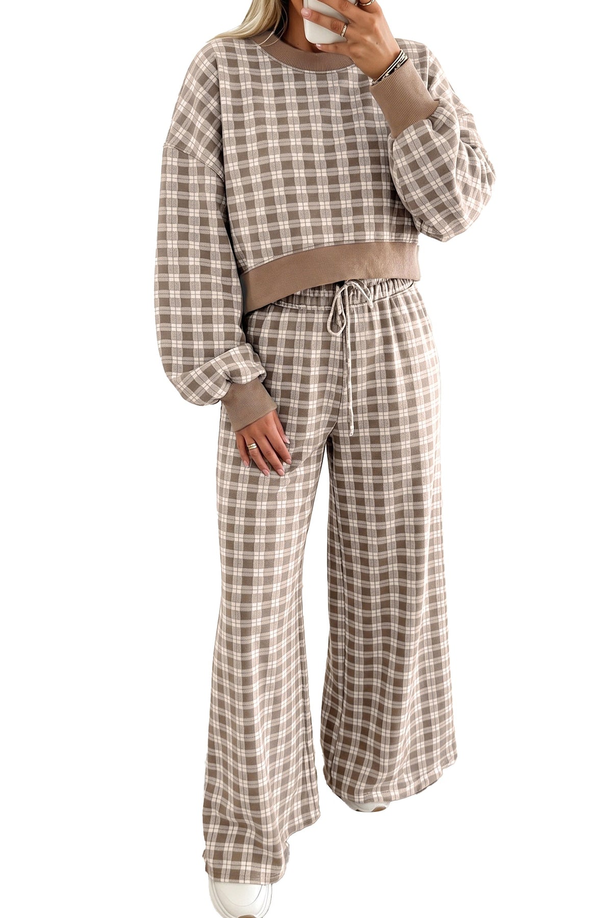 Pink Plaid Long Sleeve Drop Shoulder Top Ribbed Color Block Trim Two Piece Pant Set
