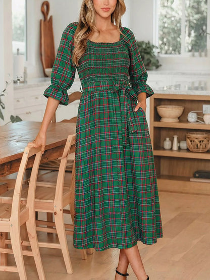 Plaid Square Neck Puff Sleeve Knot Waist Flared Midi Dress