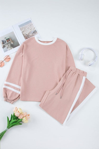 Varsity Stripe Patchwork Pullover and Pant Set Pink