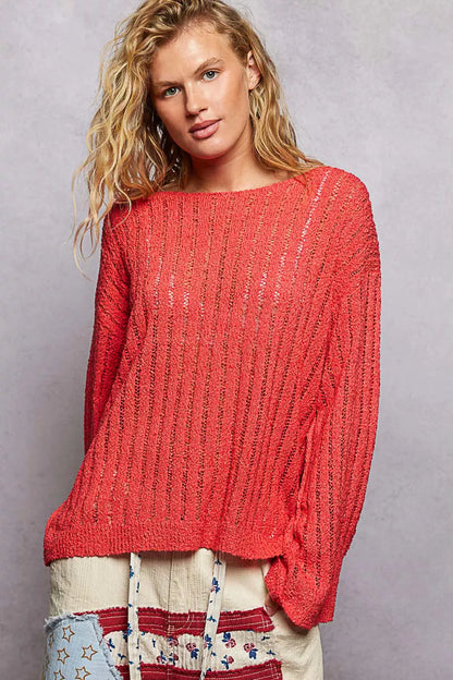 POL Round Neck Long Sleeve Open Weave Sweater