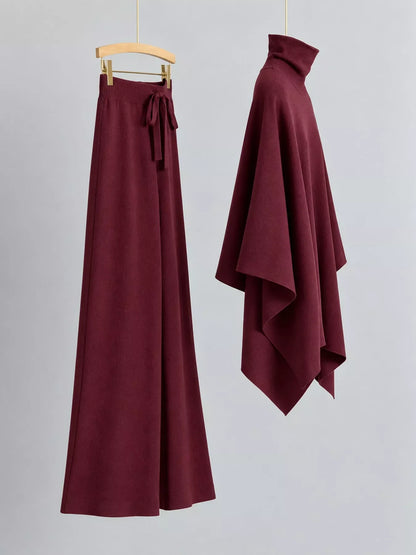Turtleneck Poncho Pants Set with Wide-Leg Knit Pants
