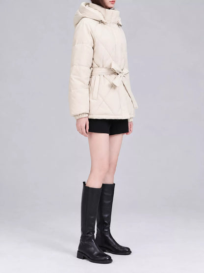 Quilted Waist Belt Hooded Puffer Outerwear