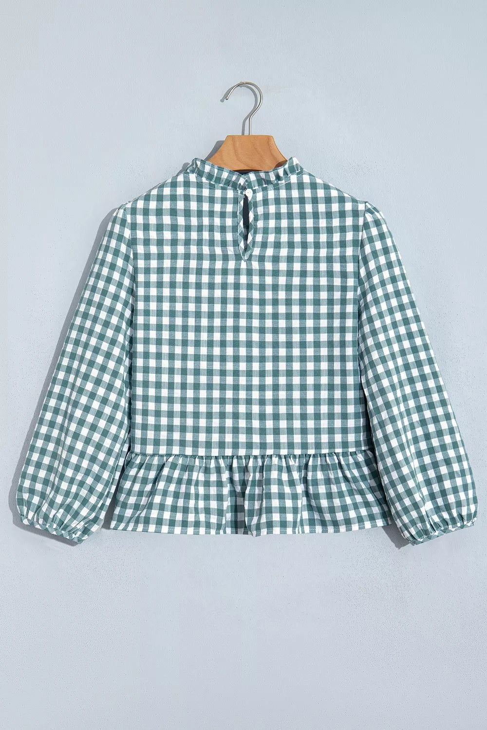 3/4 Sleeve Shirred Plaid Peplum Top