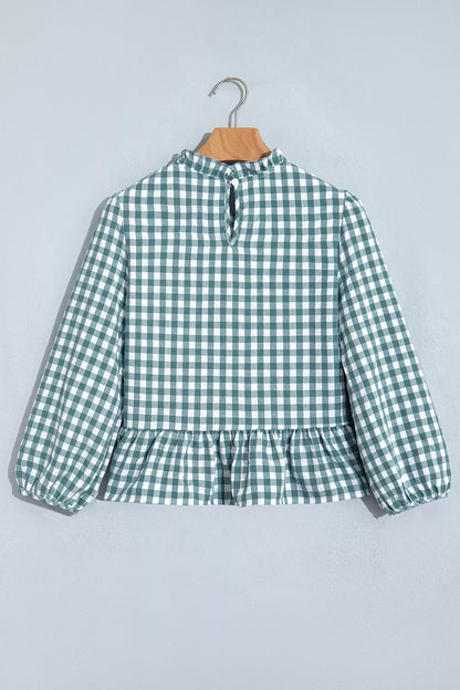 3/4 Sleeve Shirred Plaid Peplum Top