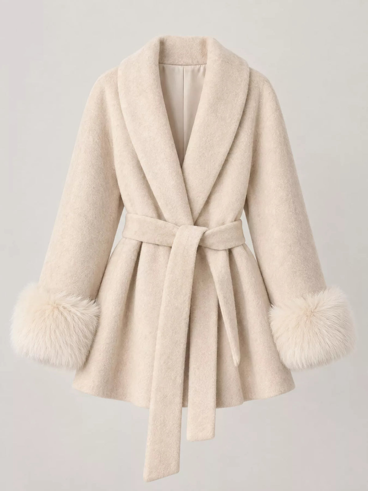 Waist Tie Outerwear with Faux Fur Cuffs