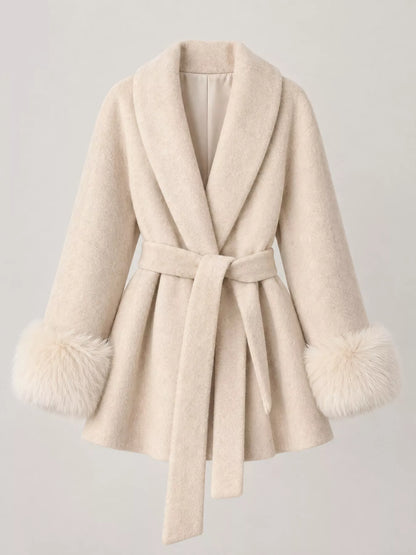 Waist Tie Outerwear with Faux Fur Cuffs