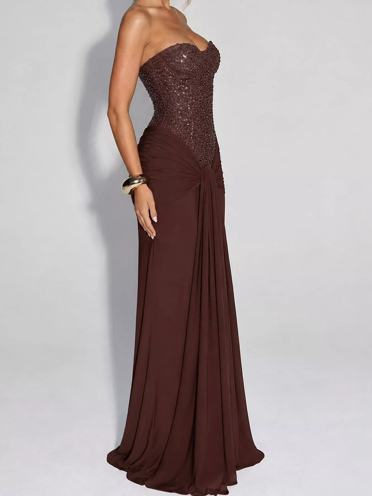 Elegant Strapless Sequin Corset Maxi Dress with Draped Waist Detail