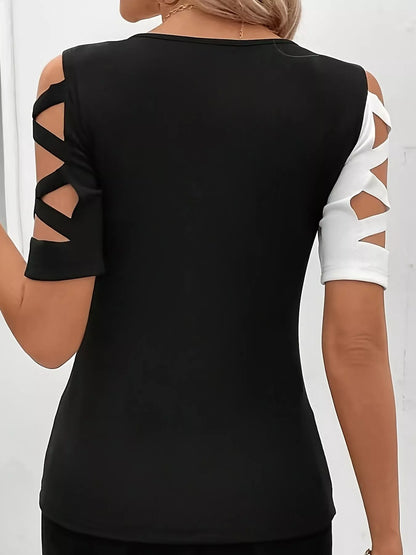 Plus Size Color Block Cutout Sleeve T-Shirt