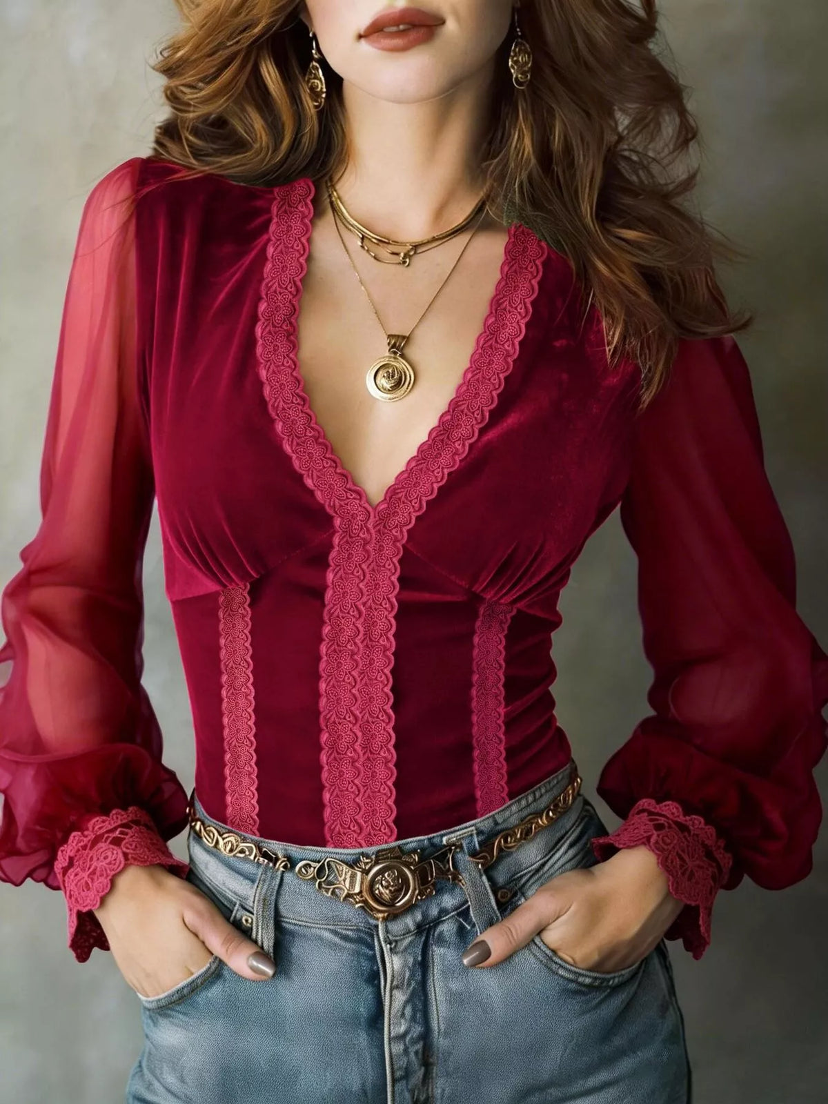 Lace-Trim Sheer Long Sleeve Blouse