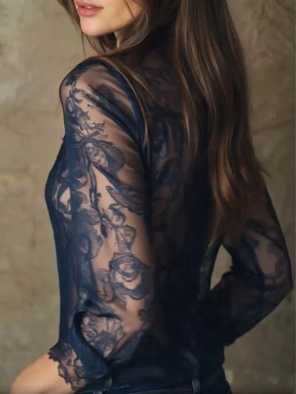 Full Size Sheer Lace Long-Sleeve Shirt Plus Size