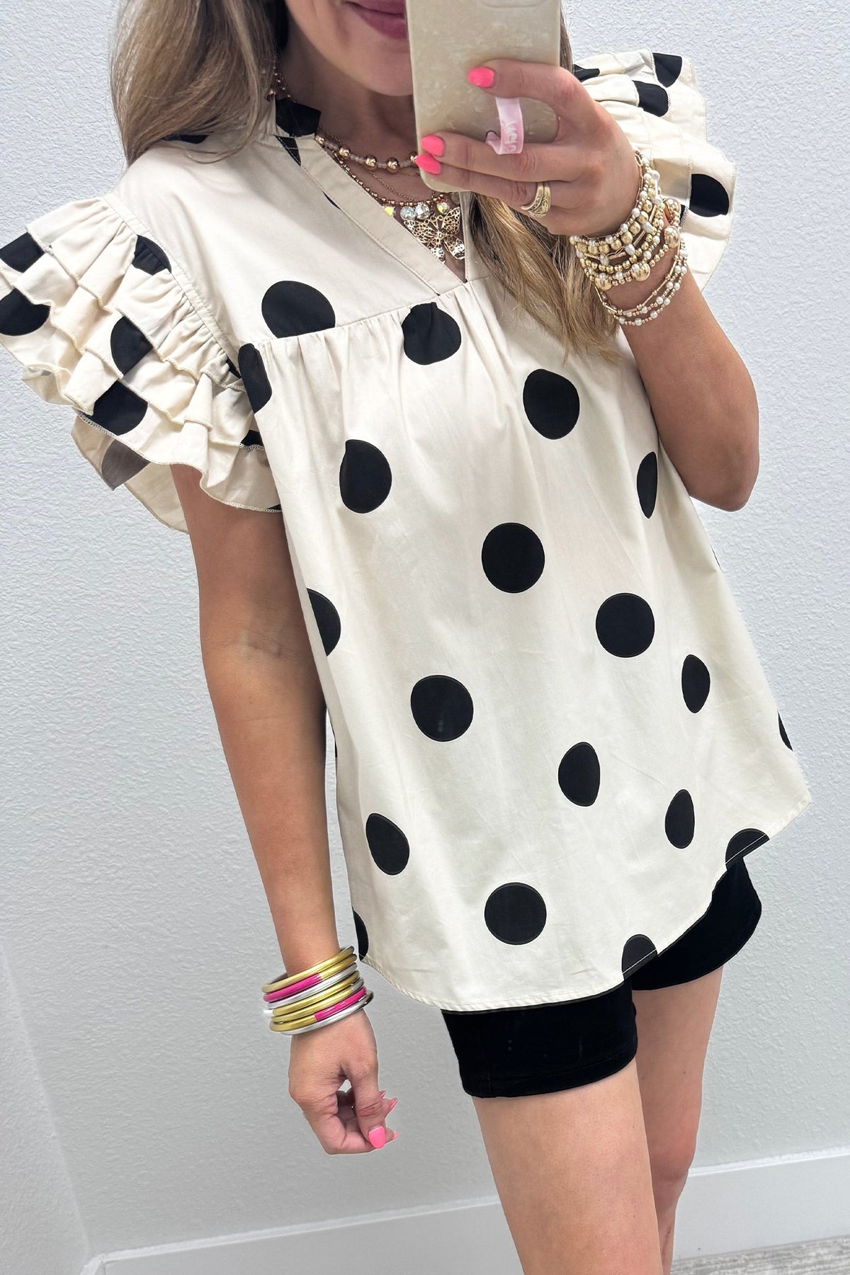 Apricot Casual Polka Dot V-Neck Ruffle Short Sleeve Shift Blouse