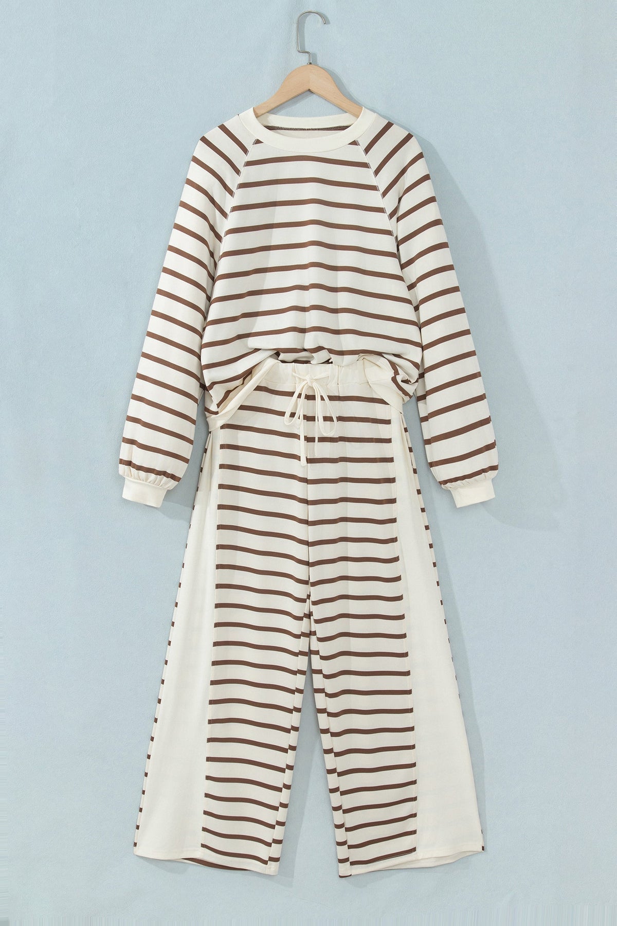 Khaki Stripe Relaxed Long Sleeve Top Color Block Detail Drawstring Pant Set