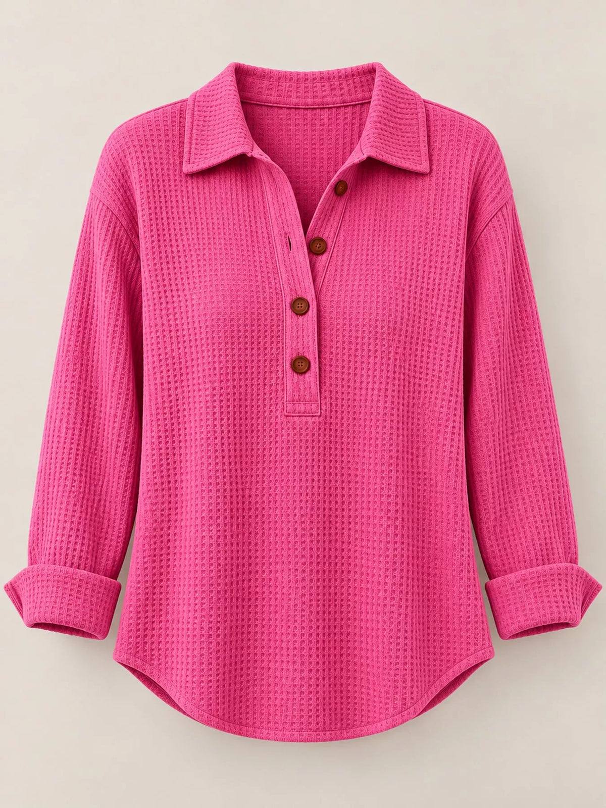 Full Size Waffle Knit Long Sleeve Polo Top Plus Size