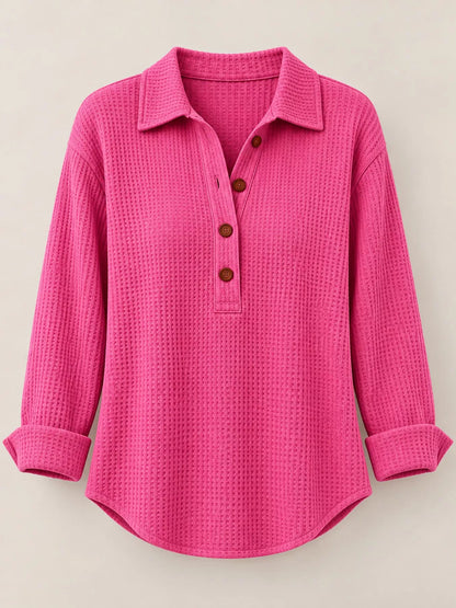 Full Size Waffle Knit Long Sleeve Polo Top Plus Size