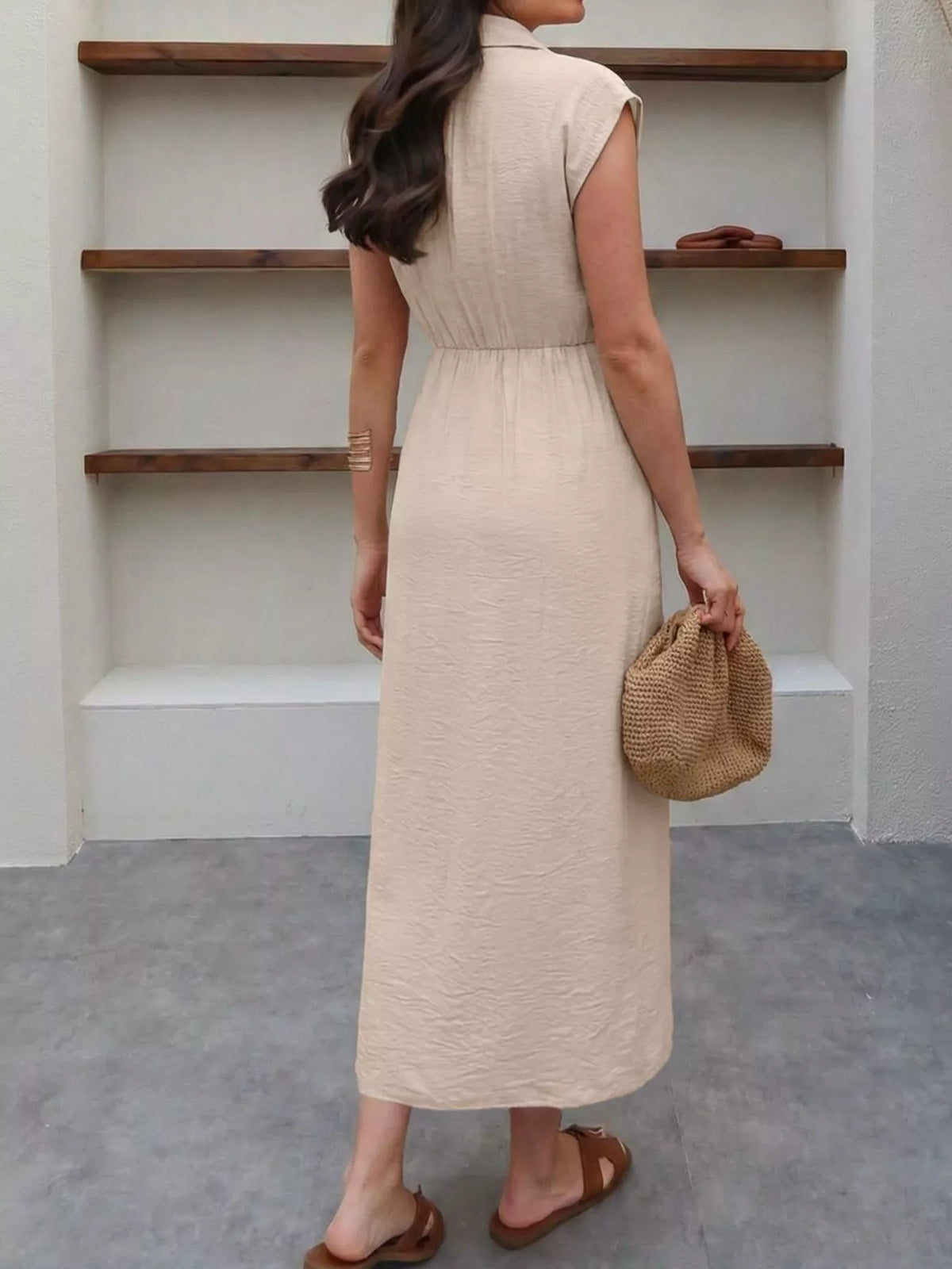 Sleeveless Button-Down Tie Waist Midi Dress