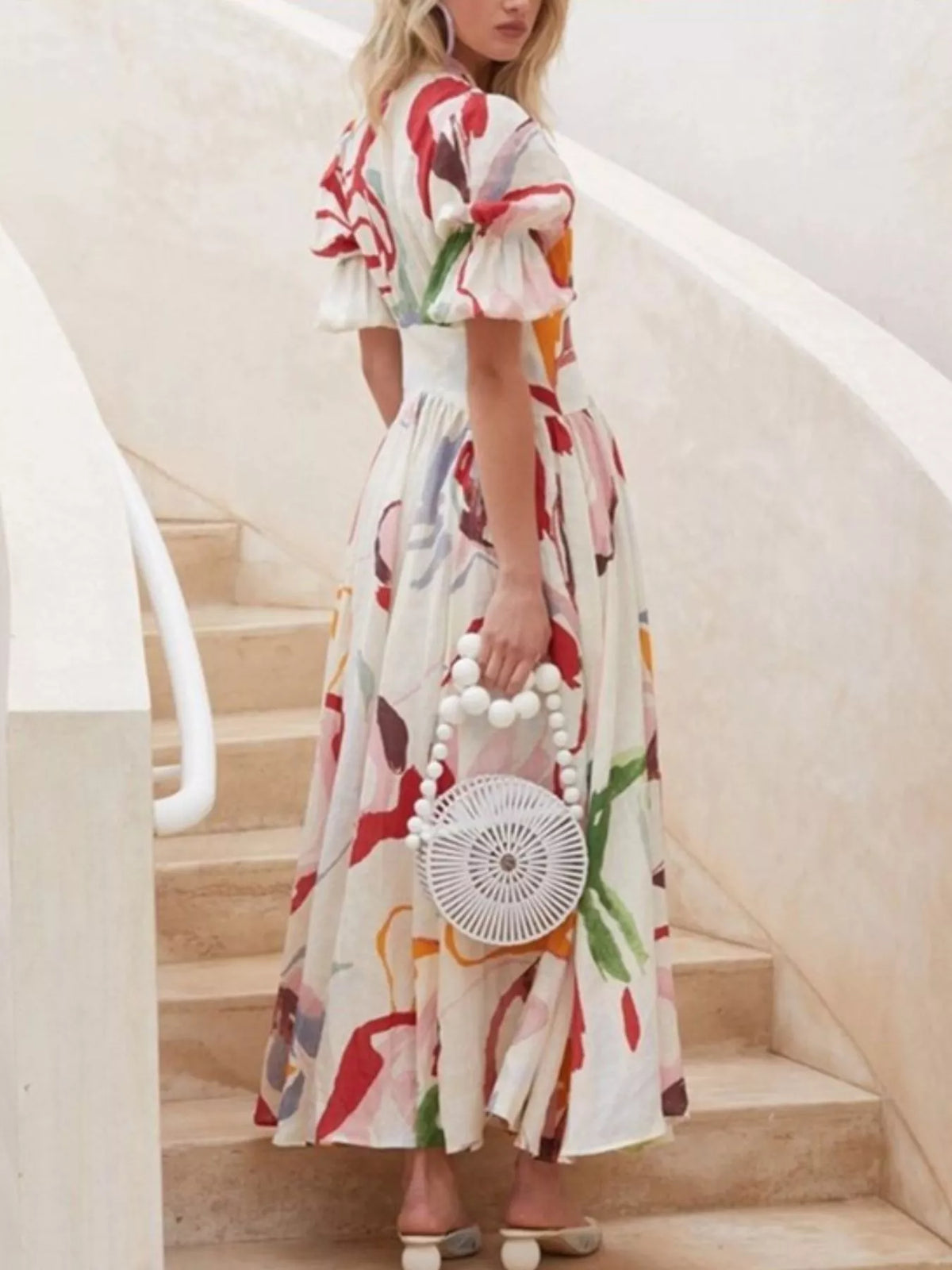 Full Size Abstract Print Puff Sleeve Midi Dress Plus Size