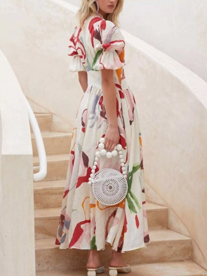 Full Size Abstract Print Puff Sleeve Midi Dress Plus Size