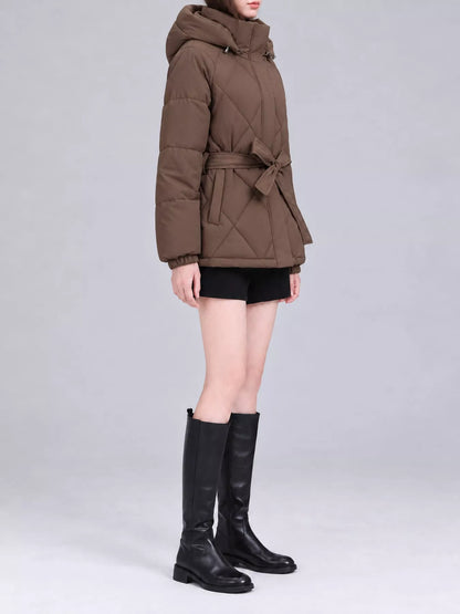Quilted Waist Belt Hooded Puffer Outerwear