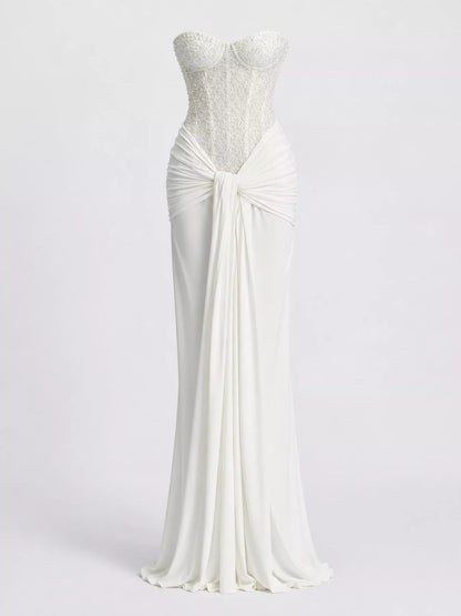 Elegant Strapless Sequin Corset Maxi Dress with Draped Waist Detail