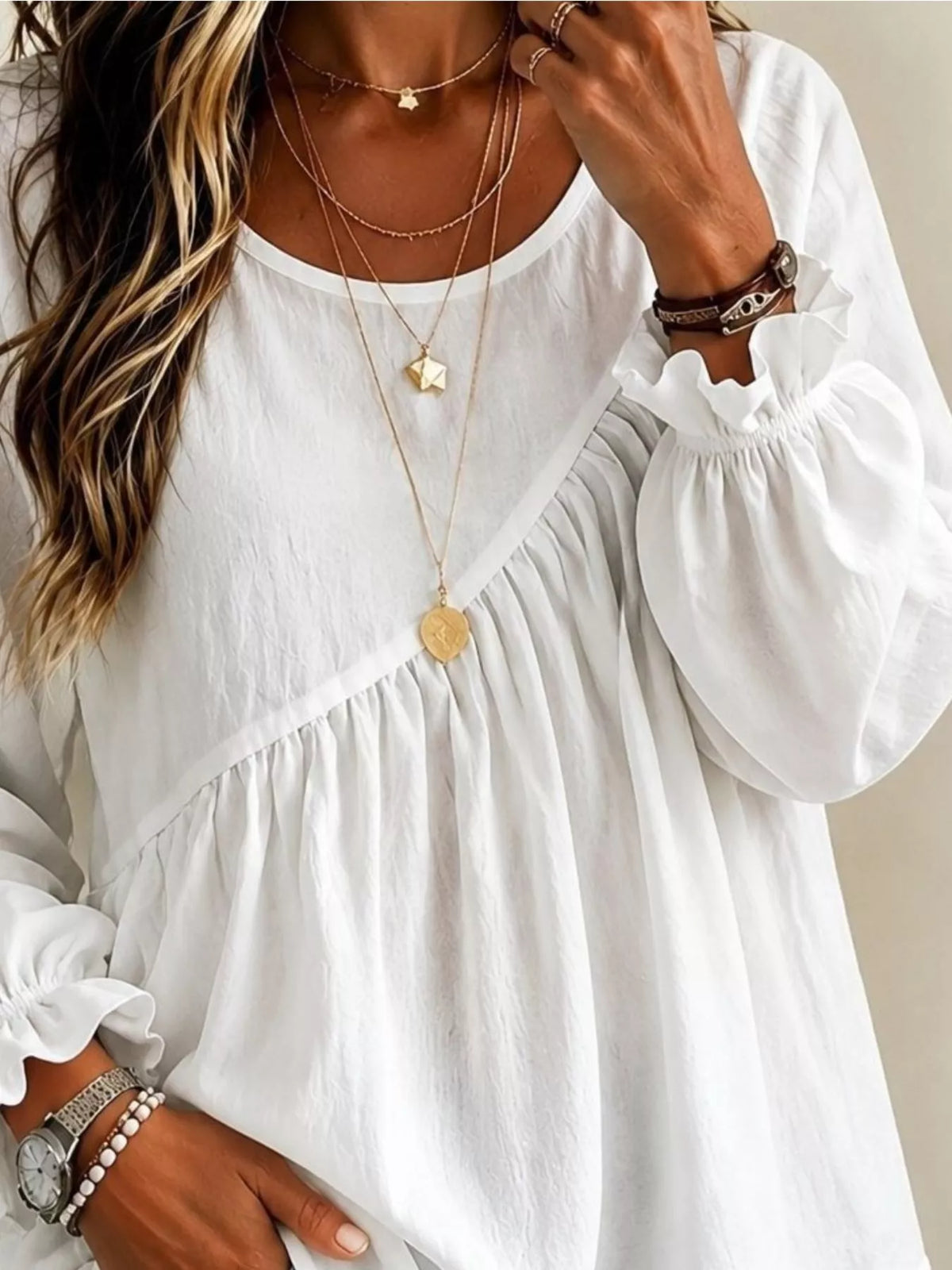 Long Sleeve Blouse with Asymmetric Pleated Detail