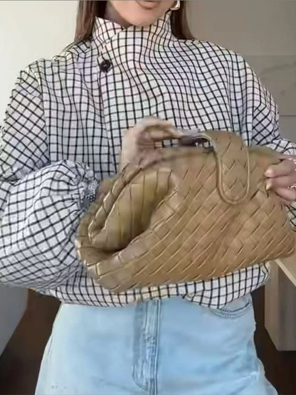 Contrast Lapel Plaid Casual Jacket