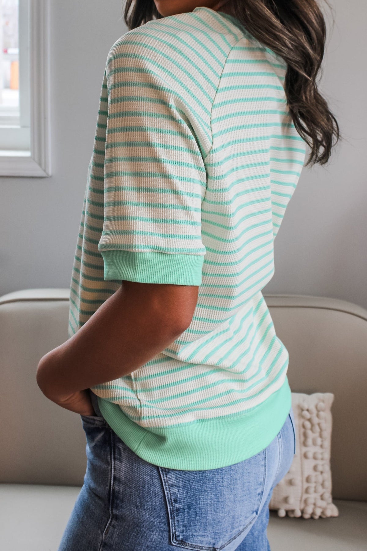 Green Stripe Colorblock Trim Round Neck Short Sleeve Tee