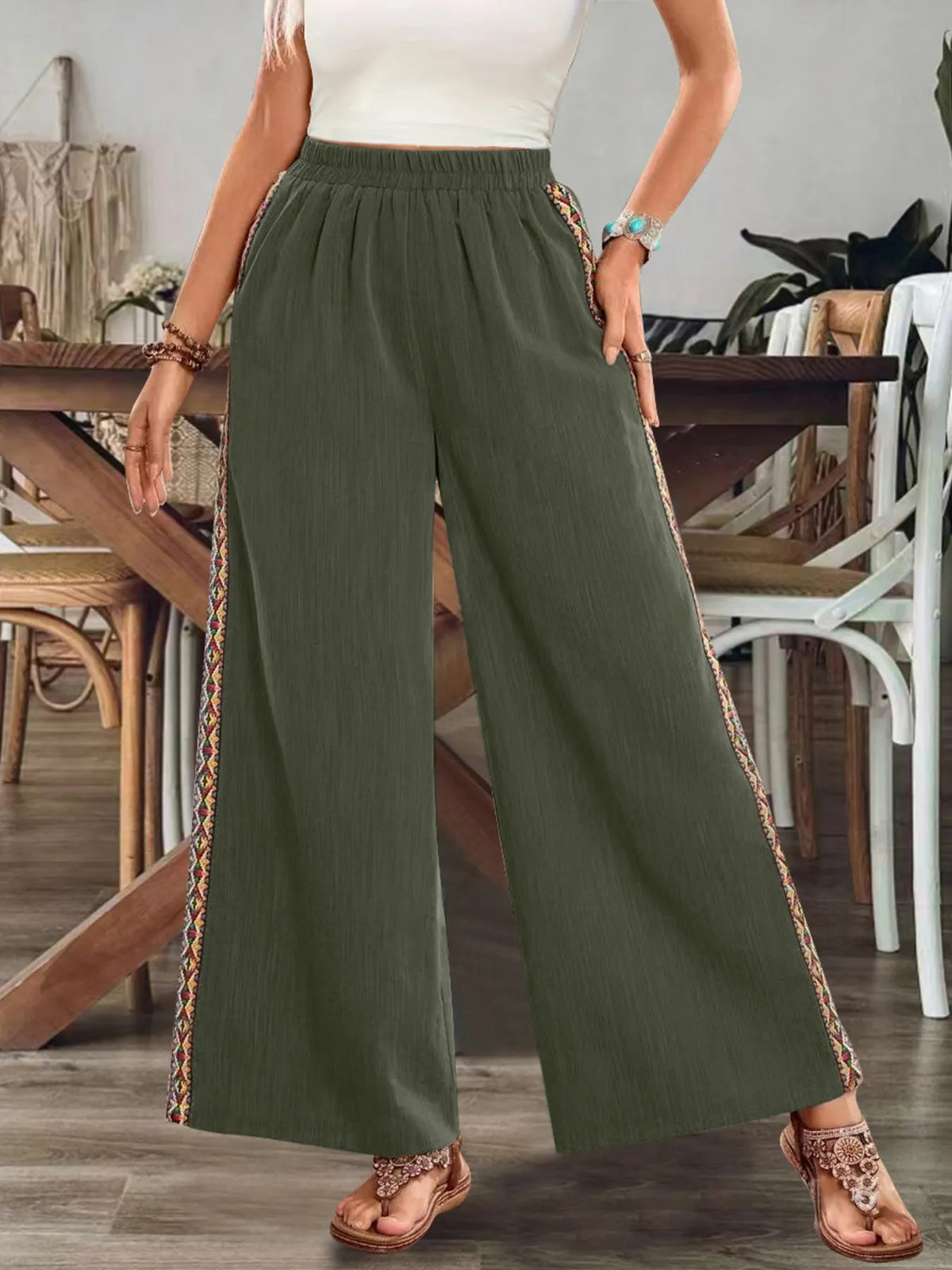 Bohemian Wide Leg Embroidered Side Stripe Pants Army Green