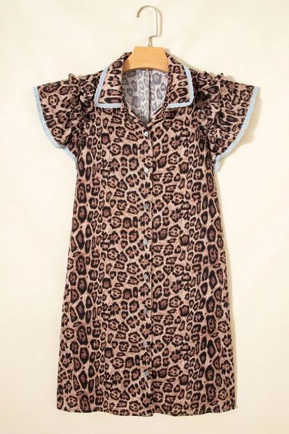 Leopard Print Lace Trim Shirt Collar Button Down Loose Mini Dress