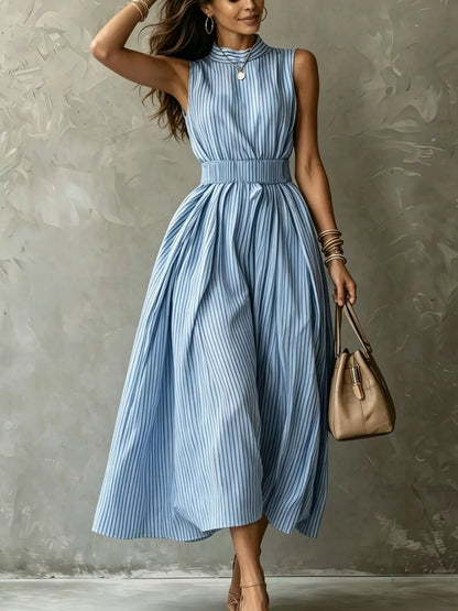 Striped Mock Neck Sleeveless Maxi Dress