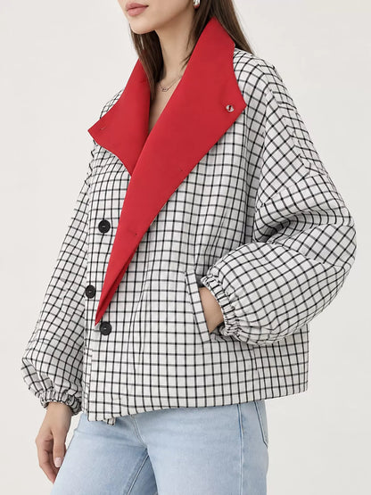 Contrast Lapel Plaid Casual Jacket