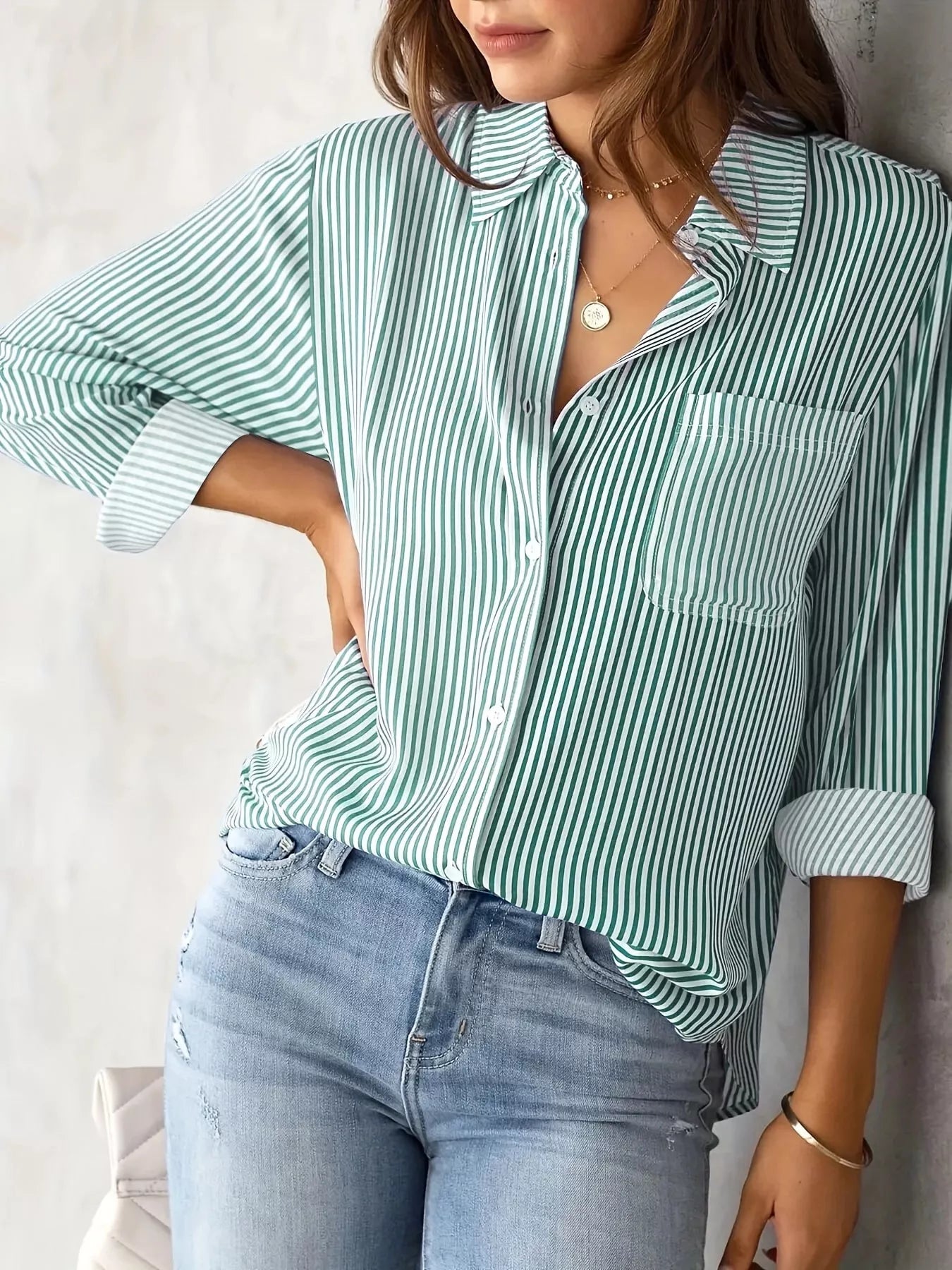 Full Size Striped Button-Down Long Sleeve Shirt Plus Size
