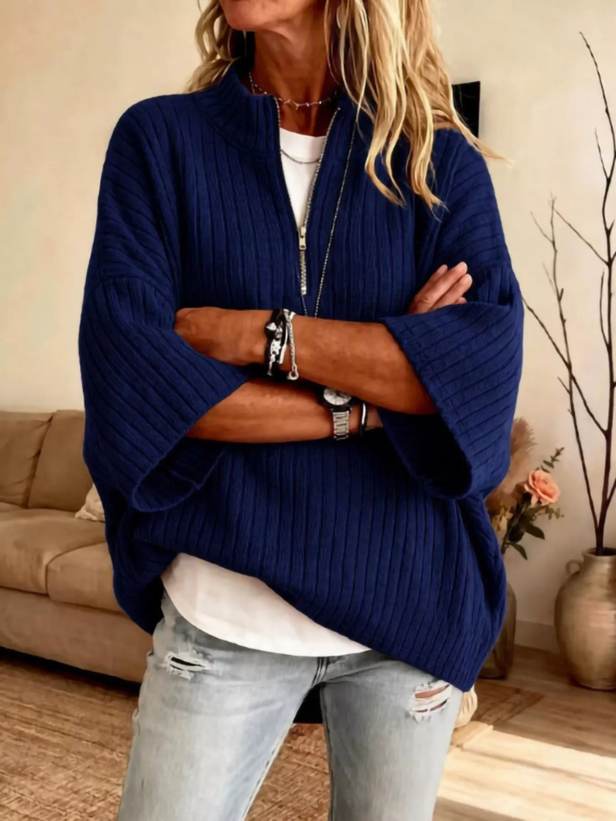 Half-Zip Ribbed Knit Top