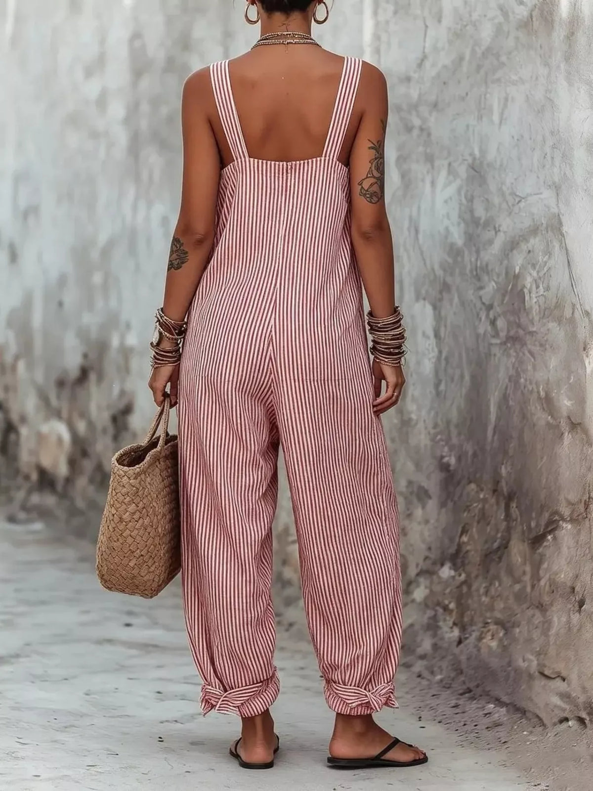 Full Size Striped Square Neck Wide Leg Jumpsuit Plus Size