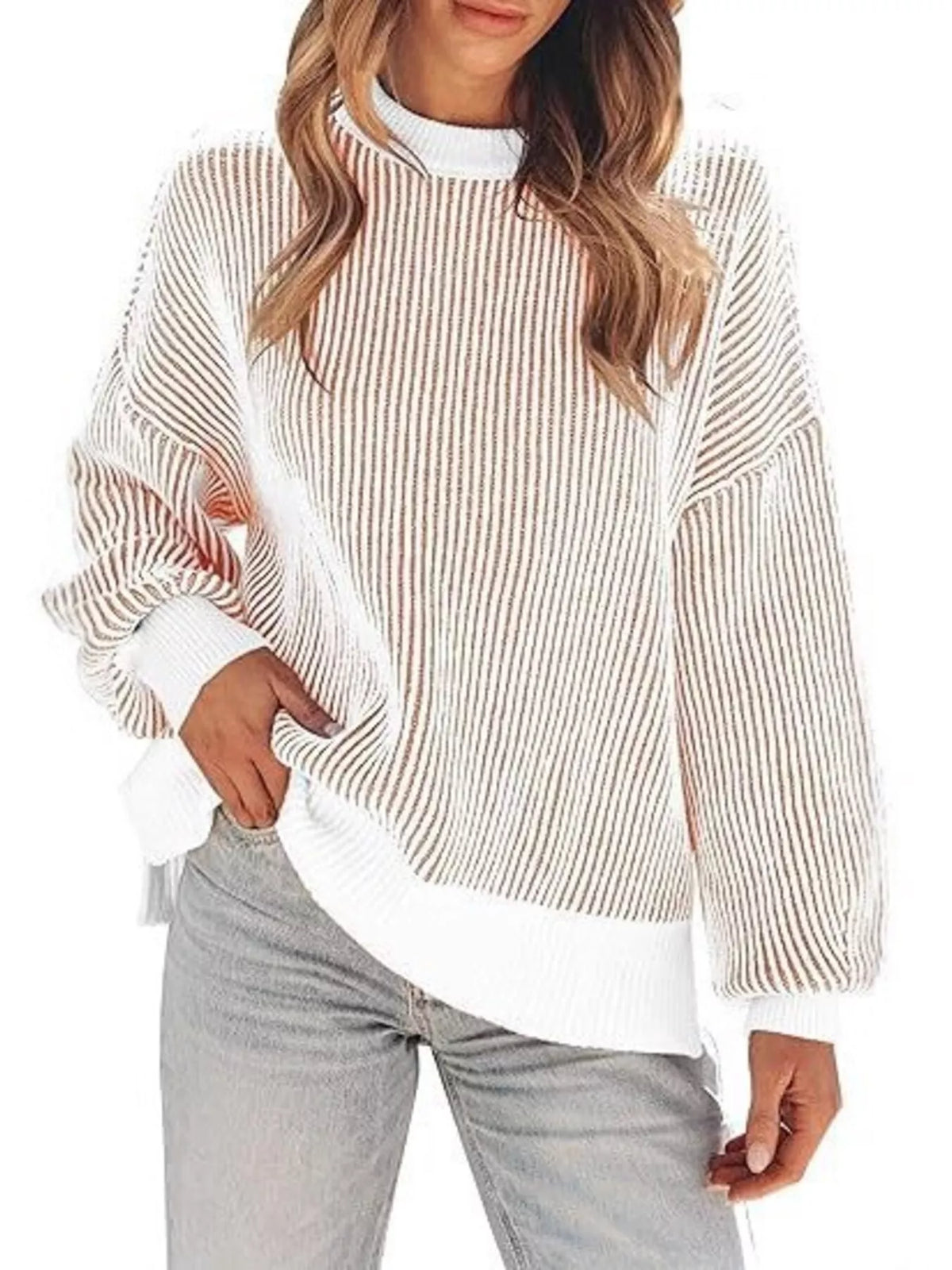 Stripe Dropped Shoulder Sweater for Women Relaxed Chic Knit