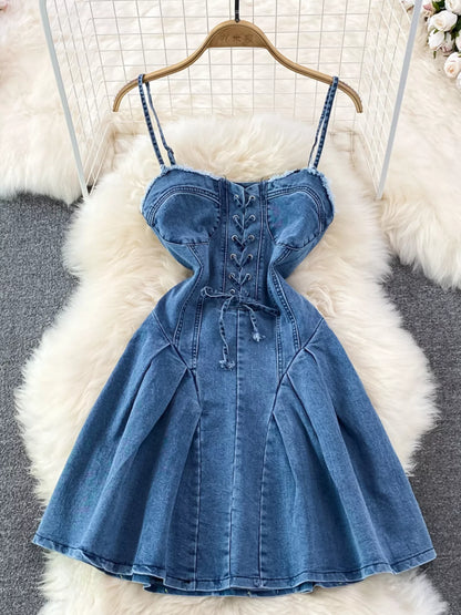 Lace-Up Denim A-Line Mini Dress
