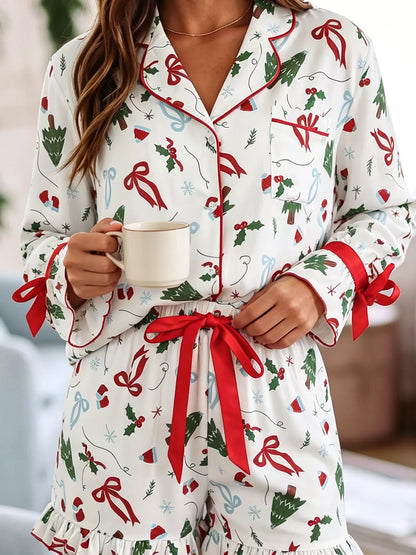 Christmas Print Ruffle Cuff Long Sleeve Lounge Set
