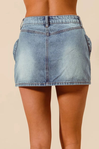 SO ME Bow Knot Pocket Denim Mini Skirt