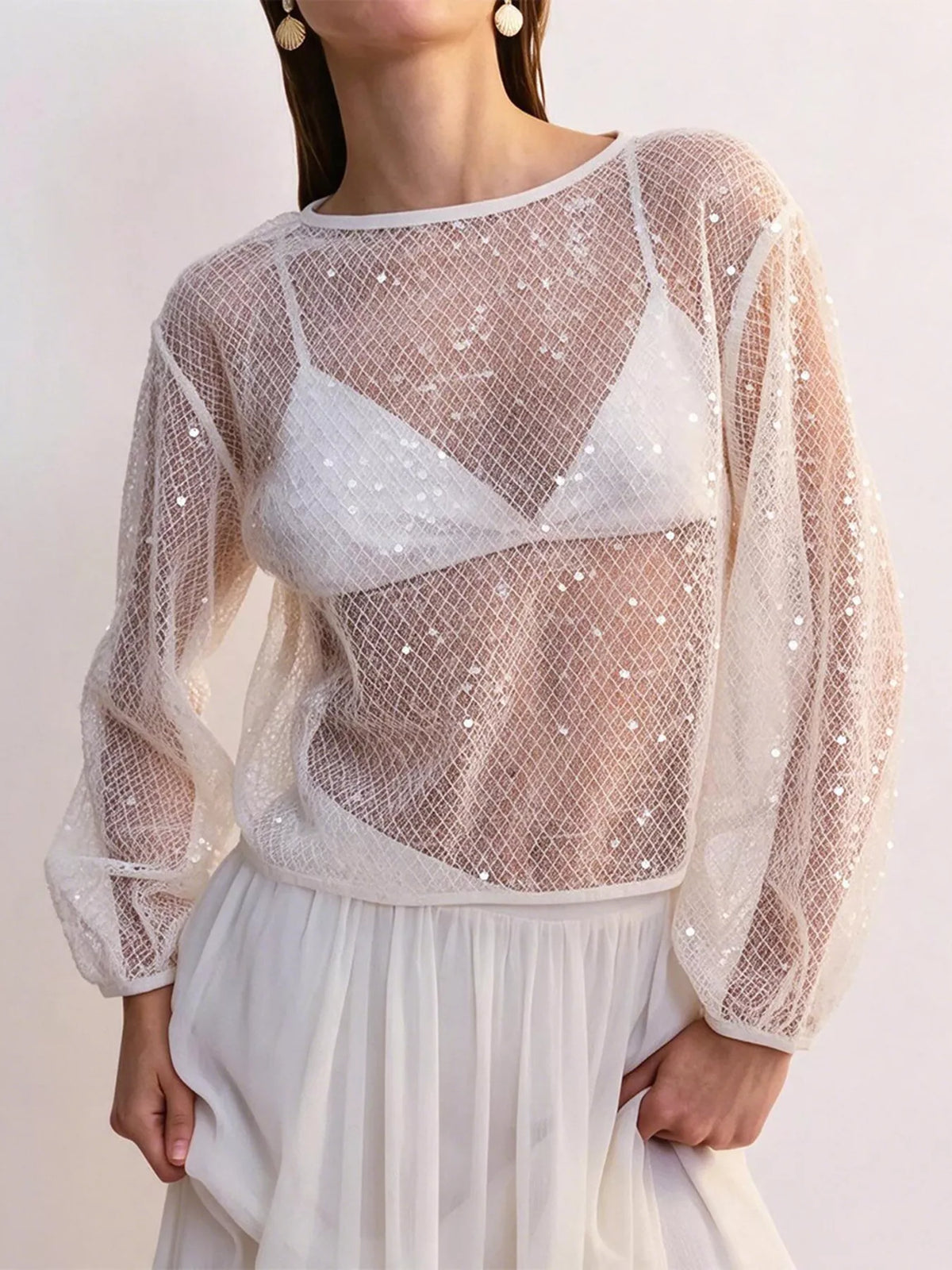 Sheer Sequin Embellished Mesh Beach Cover Up Top