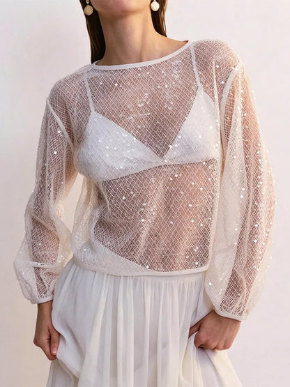 Sheer Sequin Embellished Mesh Beach Cover Up Top