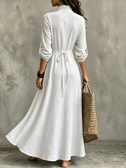 Plus Size V-Neck Maxi Dress with Roll-Up Sleeves