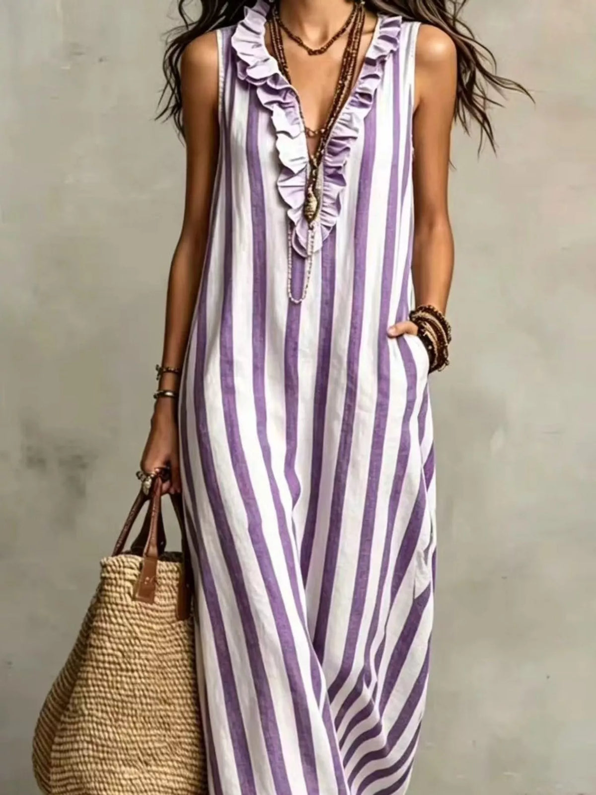Plus Size Sleeveless Striped Ruffle Maxi Dress