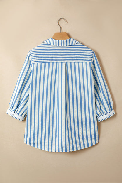 Sky Blue Stripe 3/4 Sleeve Collared Neck Blouse