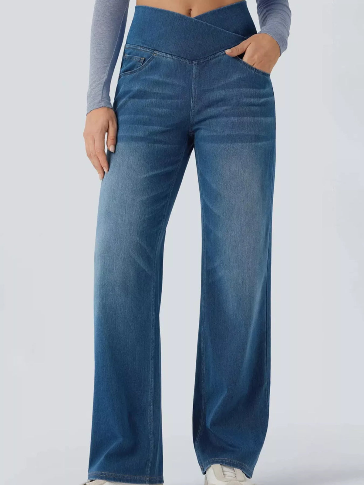 High Waisted Stretch Jeans with Crossover Waist | Straight Leg