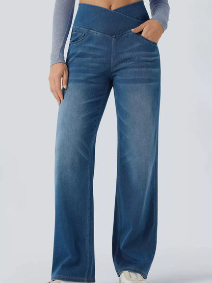 High Waisted Stretch Jeans with Crossover Waist | Straight Leg
